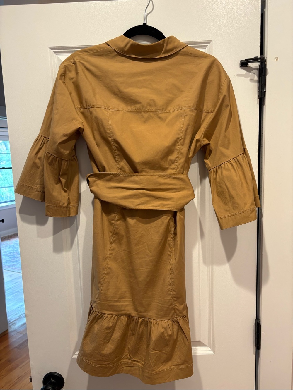 Veronica Beard Luriane Poplin Tie Waist Khaki Flounce Sleeve Cotton Dress - Picture 8 of 10